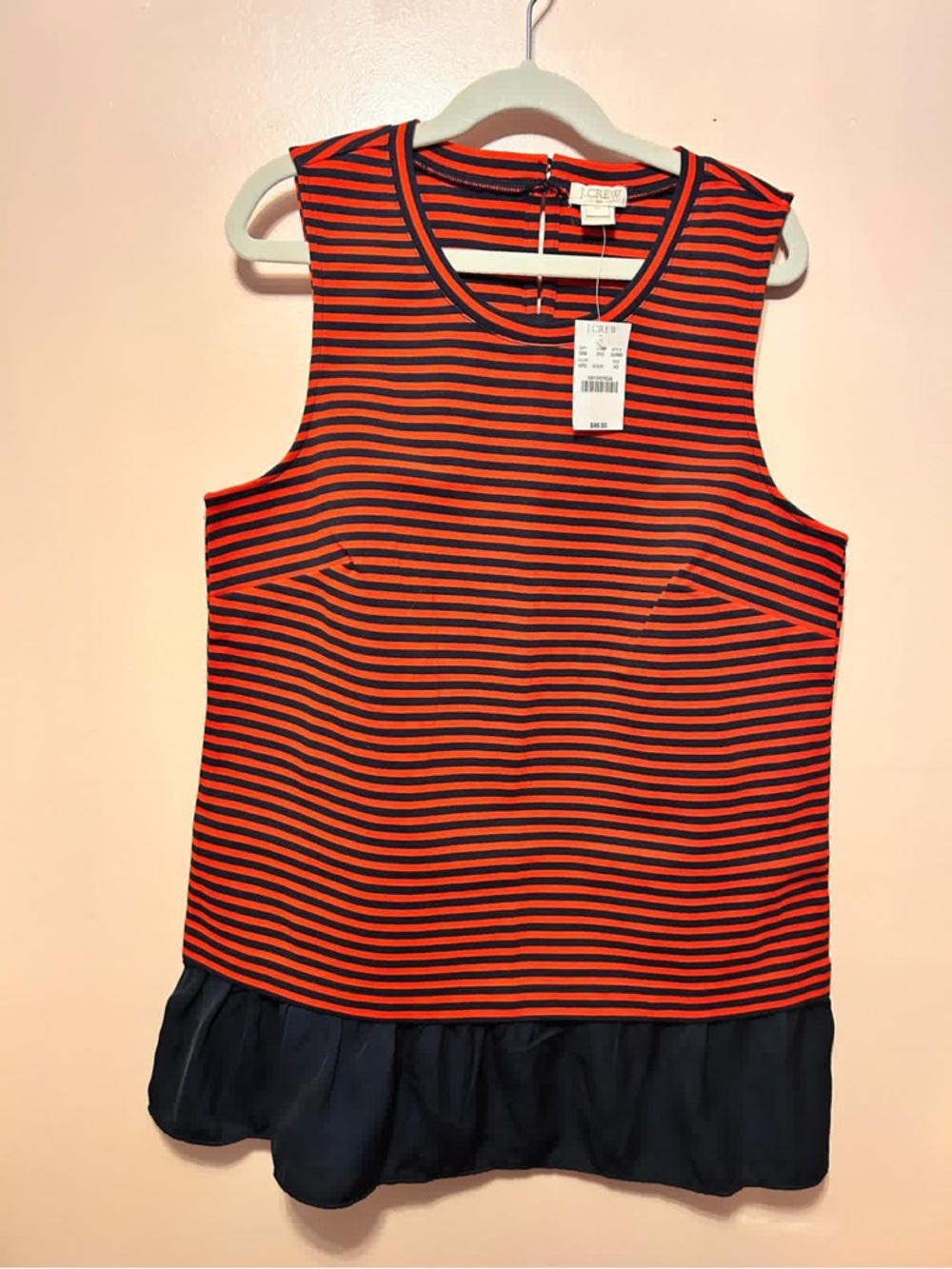 J. Crew Red and Navy Striped Sleeveless Tank with Navy Ruffle Hem